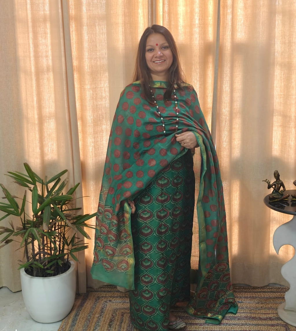 Handblocked With Pomegranate Peel Kurta Dupatta Sets In Maheshwari !!