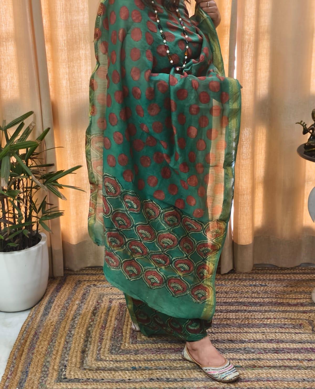 Handblocked With Pomegranate Peel Kurta Dupatta Sets In Maheshwari !!