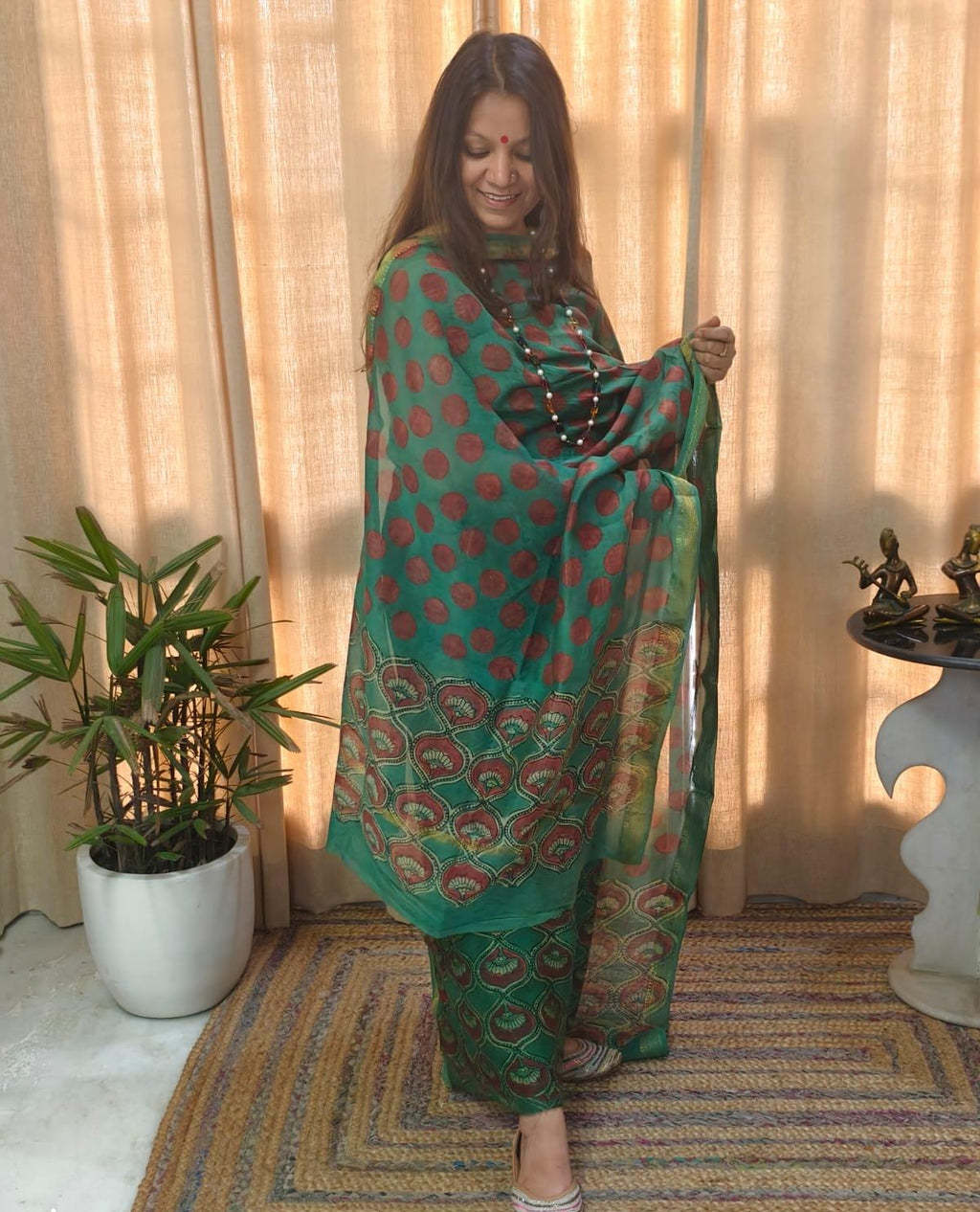 Handblocked With Pomegranate Peel Kurta Dupatta Sets In Maheshwari !!